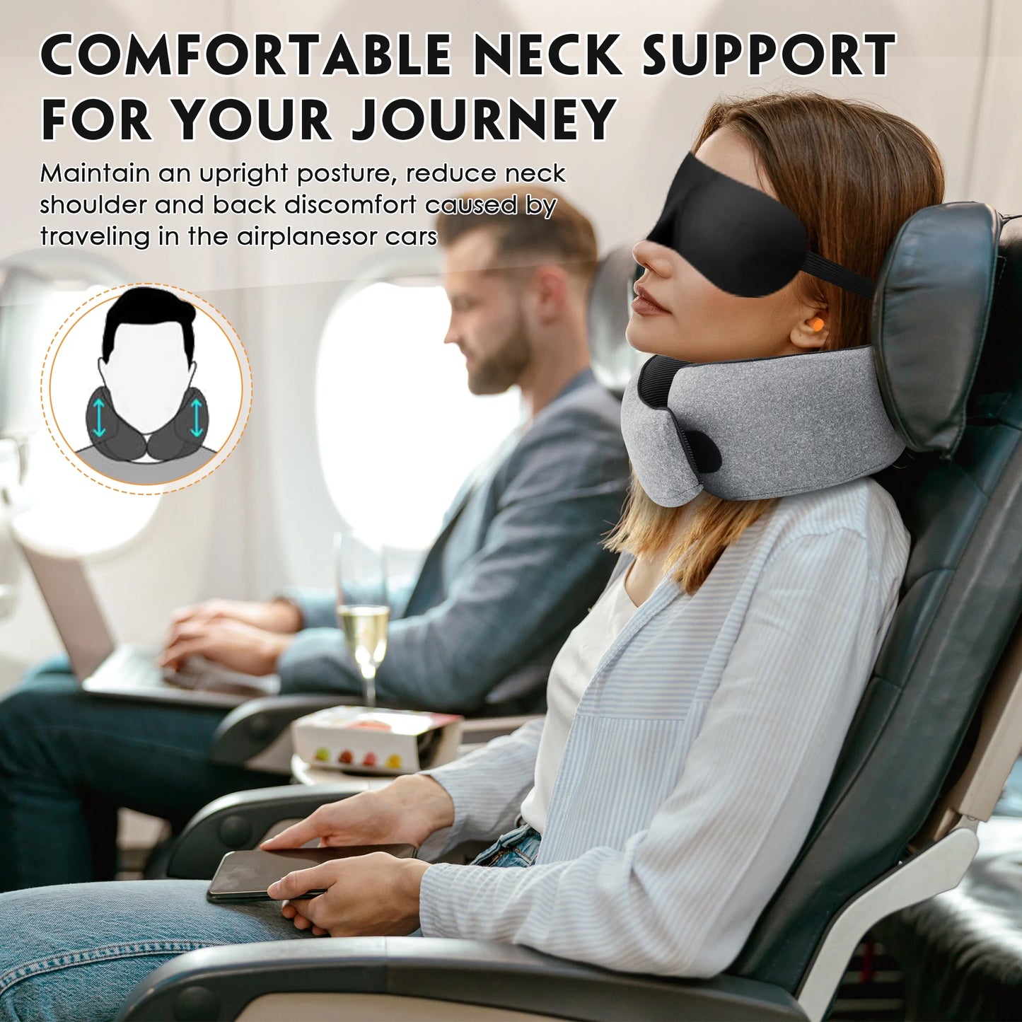 Travel Pillows for Airplanes, Travel Neck Pillow Travel Pillow, 360° Support Memory Foam Travel Pillow with 3D Contoured Eye Mask, Earplugs and Storage Bag for Airplanes Offices, Cars, Gray