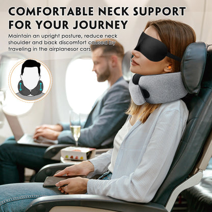 Travel Pillows for Airplanes, Travel Neck Pillow Travel Pillow, 360° Support Memory Foam Travel Pillow with 3D Contoured Eye Mask, Earplugs and Storage Bag for Airplanes Offices, Cars, Gray